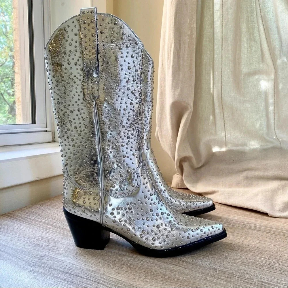 New Jeffrey Campbell Dagget Studded Boots Metallic Silver Womens Size 6